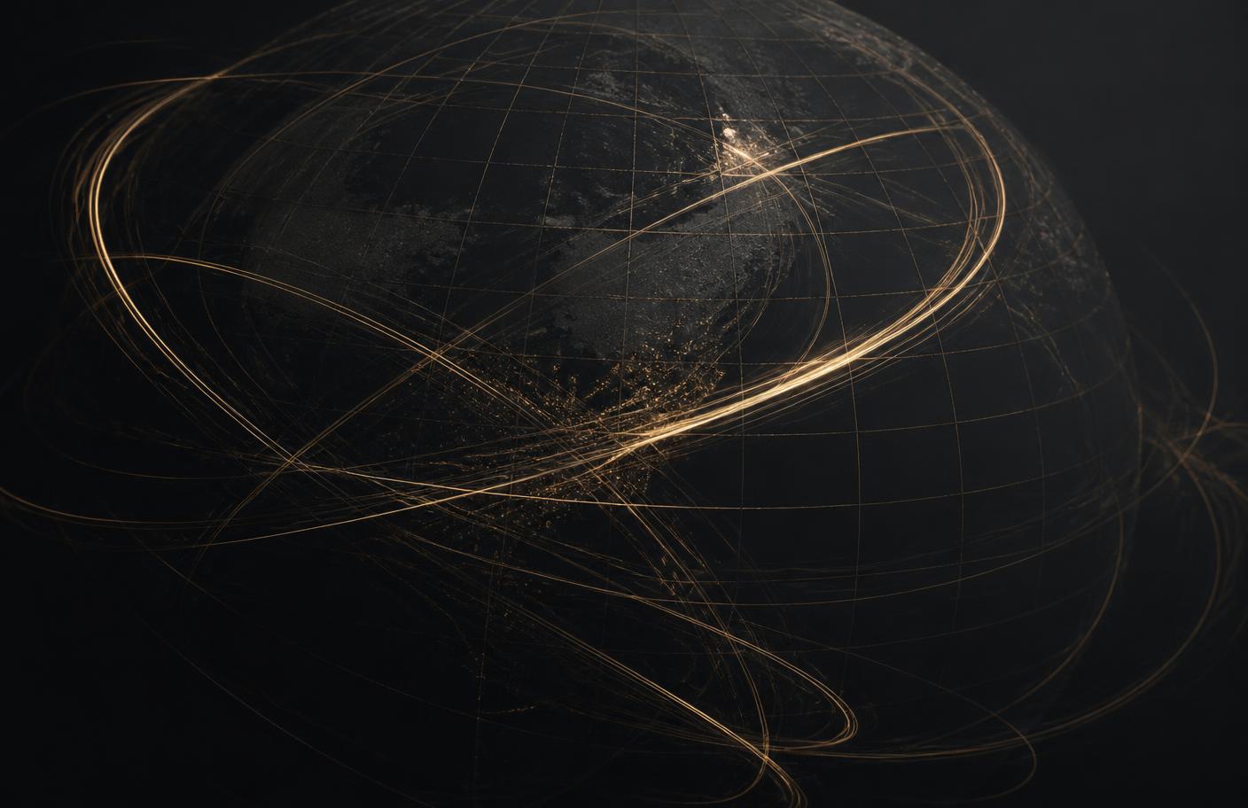 Abstract global grid with fine gold light trails